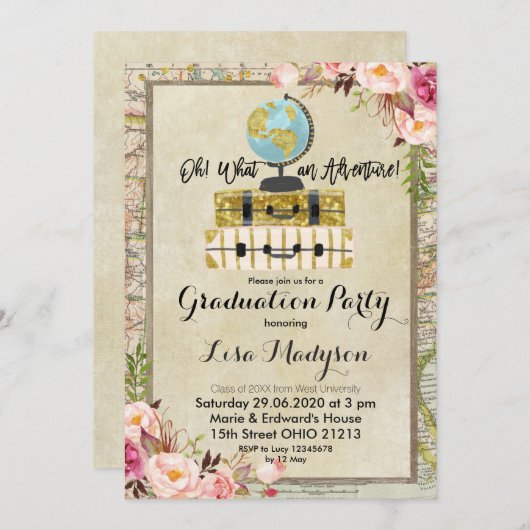 ヴィンテージグローブアドベンチャー卒業パーティー招待状 招待状 (正面/裏面)