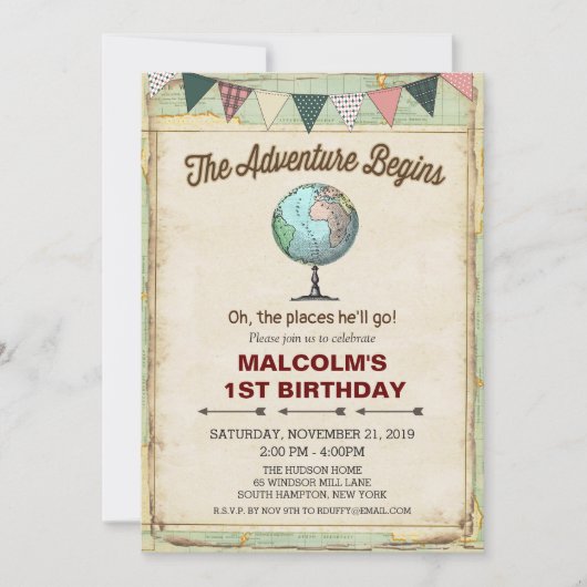 ヴィンテージグローブトラベル1歳の誕生日招待状 招待状 (正面)