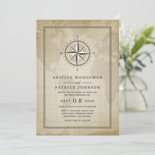 ヴィンテージグローブ航海のコンパス結婚式招待状 招待状 (スタンド正面)