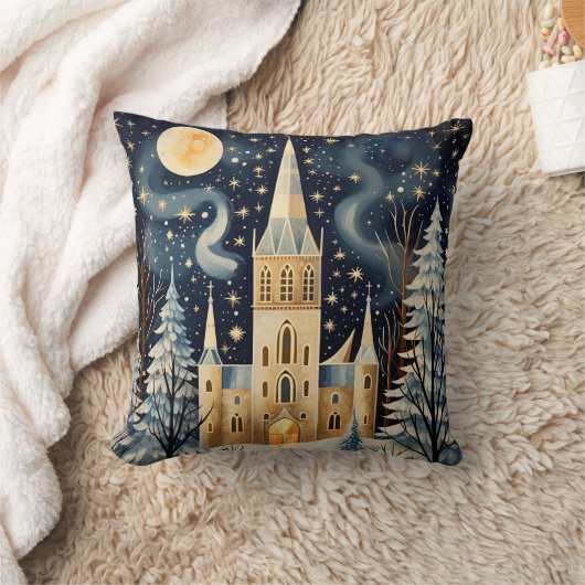 ヴィンテージグーアッシュ様式の冬の教会クリスマス クッション (ブランケット)