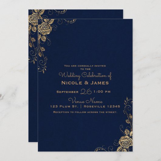 ヴィンテージグ素朴ラムバラコーナーズブルー金ゴールドズ結婚 招待状 (正面/裏面)