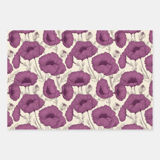 ヴィンテージケシの紫とティール（緑がかった色） ラッピングペーパーシート (正面)