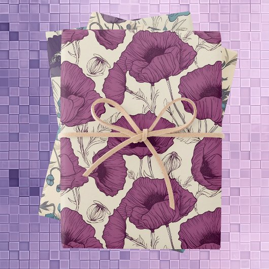 ヴィンテージケシの紫とティール（緑がかった色） ラッピングペーパーシート