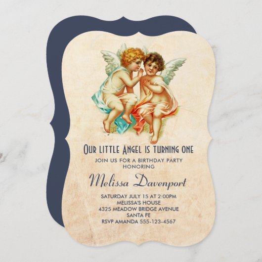 ヴィンテージケルビアンジェルスイラストレーションスウィート誕生日 招待状 (正面/裏面)
