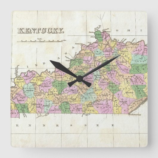 ヴィンテージケンタッキーの地図(1827年) スクエア壁時計 (正面)