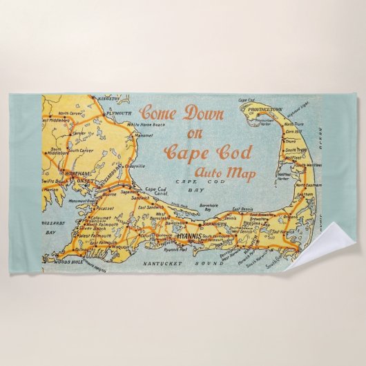 ヴィンテージケープコッドブルーの地図 ビーチタオル (正面)
