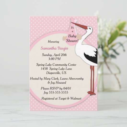 ヴィンテージコウノトリが赤ちゃん女の子シャワーを呼び込む 招待状 (スタンド正面)