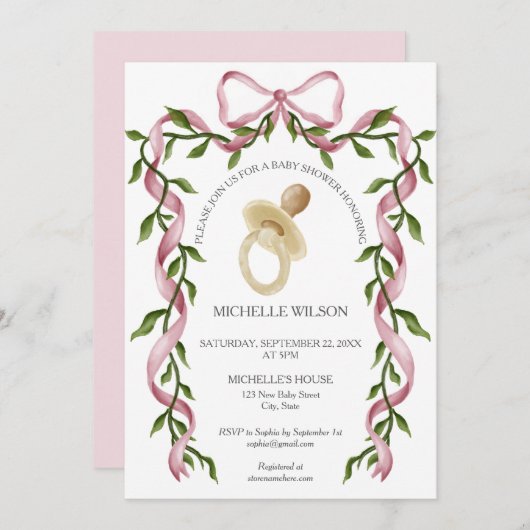 ヴィンテージコケットグリーナリーピンクボウおしゃぶり 招待状 (正面/裏面)