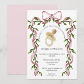 ヴィンテージコケットグリーンピンクリボンおしゃぶり 招待状 (正面/裏面)