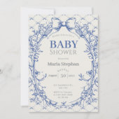 ヴィンテージコケットブルーボウフローラベビーシャワー 招待状 (正面)