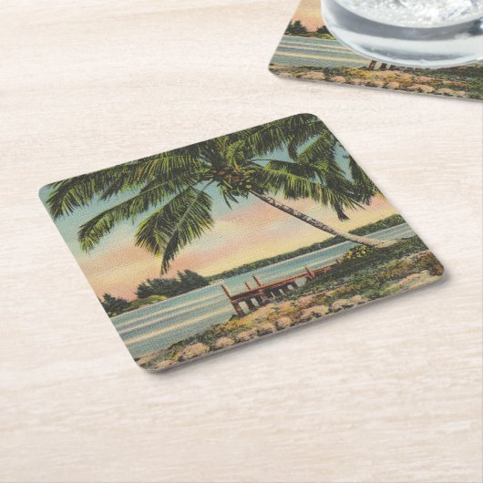 ヴィンテージココナッツパームズトロピカルブリーズサンセット スクエアペーパーコースター (アングル)