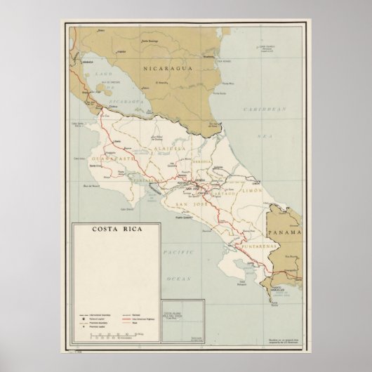 ヴィンテージコスタリカの地図(1961年) ポスター (正面)
