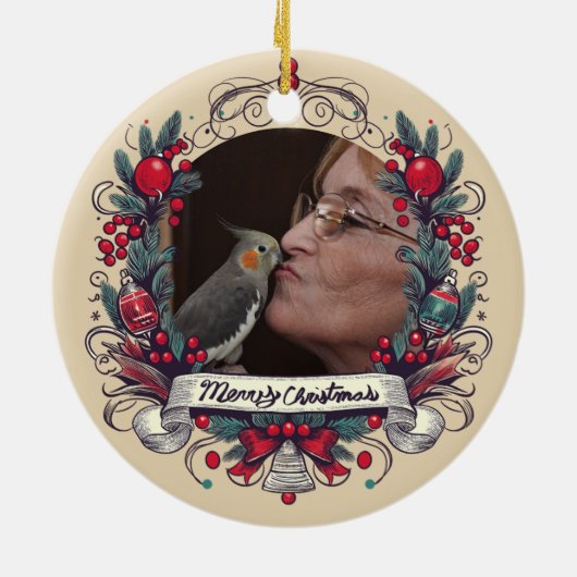 ヴィンテージコッカティエルクリスマスホリデーバードポートレート セラミックオーナメント (裏面)