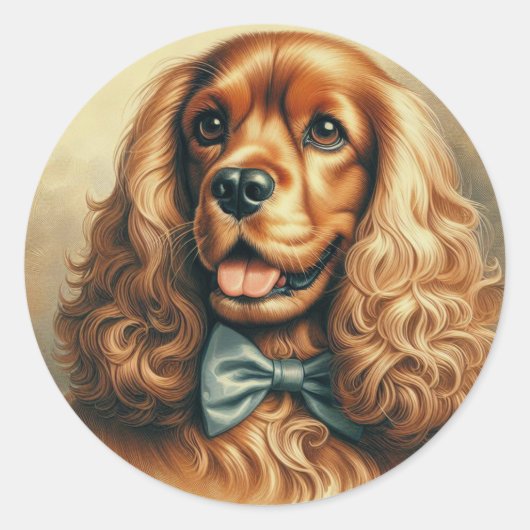 ヴィンテージコッカースパニエル犬油彩画 ラウンドシール (正面)