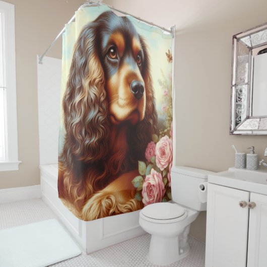 ヴィンテージコッカースパニエル犬絵画ズ シャワーカーテン (インサイチュ)