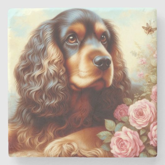 ヴィンテージコッカースパニエル犬絵画ズ ストーンコースター (正面)