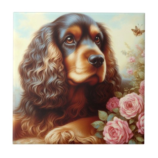 ヴィンテージコッカースパニエル犬絵画ズ タイル (正面)