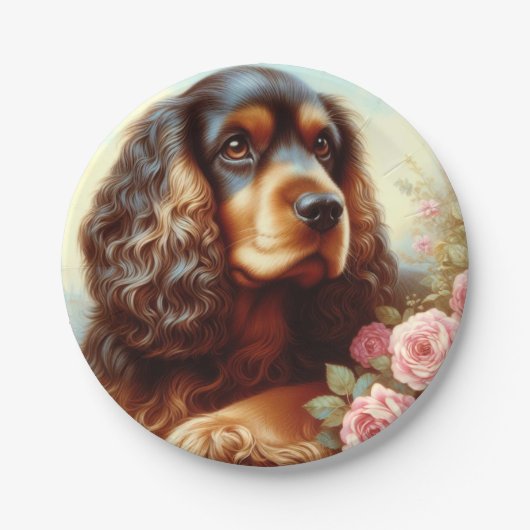 ヴィンテージコッカースパニエル犬絵画ズ ペーパープレート (正面)