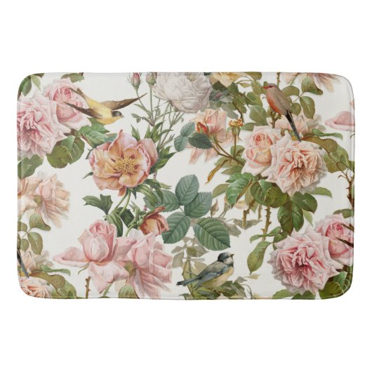 ヴィンテージコテージコアピンクボタニカルバラと鳥 バスマット (正面)