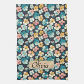 ヴィンテージコテージコア花模様インブルー&イエロー キッチンタオル (縦)