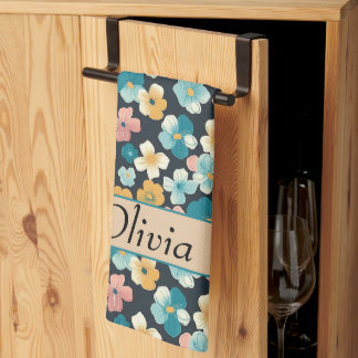 ヴィンテージコテージコア花模様インブルー&イエロー キッチンタオル