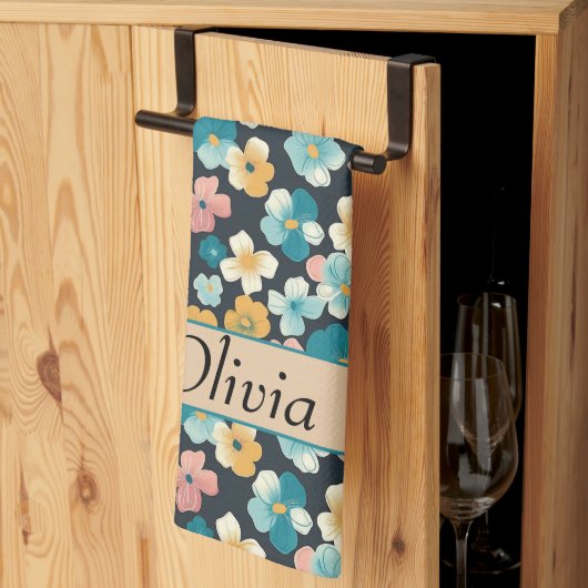 ヴィンテージコテージコア花模様インブルー&イエロー キッチンタオル (三つ折り)