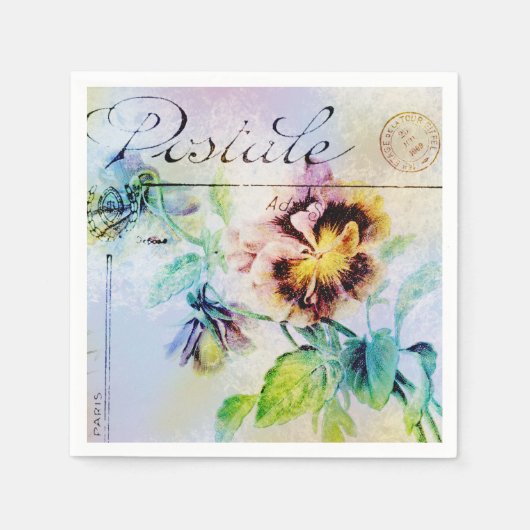 ヴィンテージコテージパンジー花はがき スタンダードカクテルナプキン (正面)