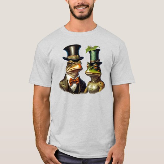 ヴィンテージコテージビクトリアンキュートフロッグカップルアート Tシャツ (正面)