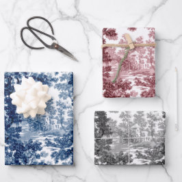 ヴィンテージコテージランドスケープ青、ピンク、黒 ラッピングペーパーシート