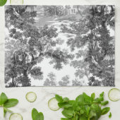 ヴィンテージコテージランドスケープToile-Black & White キッチンタオル (折り畳み)