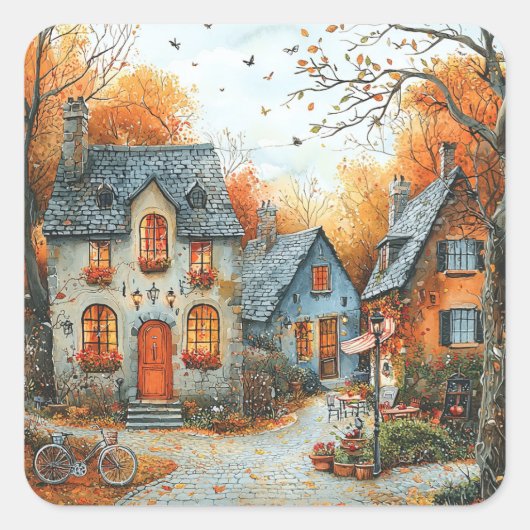 ヴィンテージコテージ自転車イラストレーション スクエアシール (正面)