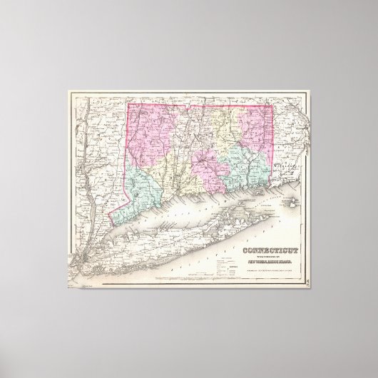 ヴィンテージコネチカットの地図（1857年） キャンバスプリント (正面)