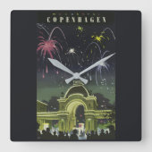 ヴィンテージコペンハーゲンイラストレーション旅行ポスター スクエア壁時計 (正面)