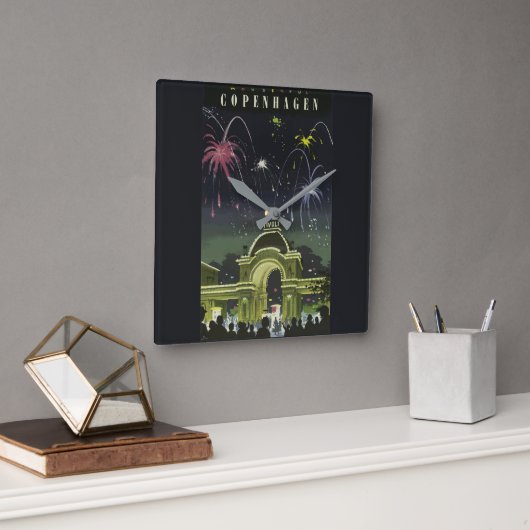 ヴィンテージコペンハーゲンイラストレーション旅行ポスター スクエア壁時計 (オフィス)