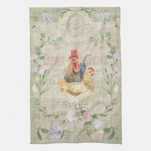 ヴィンテージコラージュ – ロスターと花 キッチンタオル (縦)