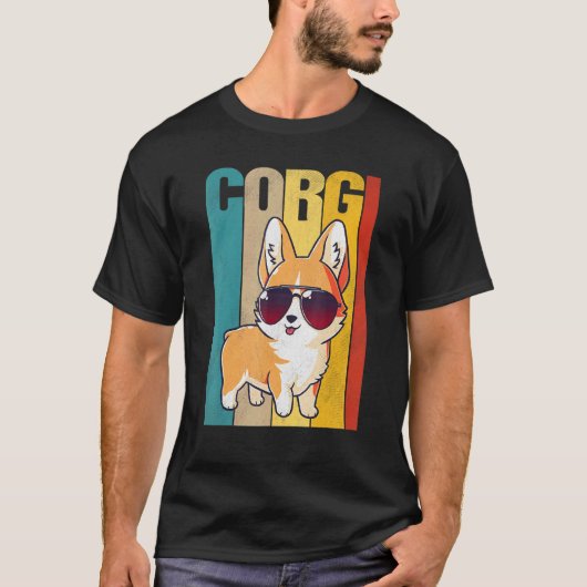 ヴィンテージコルギママ女の子男の子犬サングラス Tシャツ (正面)