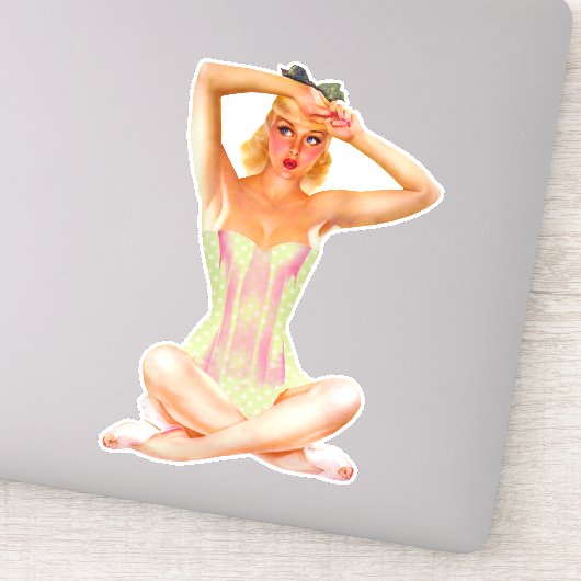 ヴィンテージコルセットの水玉模様ブロンドのピンアップモデル シール (詳細)