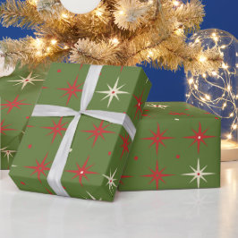 ヴィンテージコンテンポラリーグリーンクリスマススター&ボール ラッピングペーパー