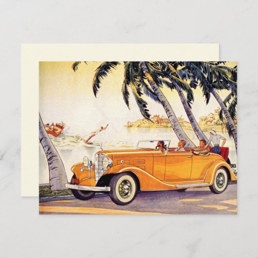 ヴィンテージコンバーチブルカーファミリーバケーション招待状 招待状 (正面/裏面)