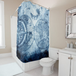 ヴィンテージコンパス |青グランジ海航海の図 シャワーカーテン