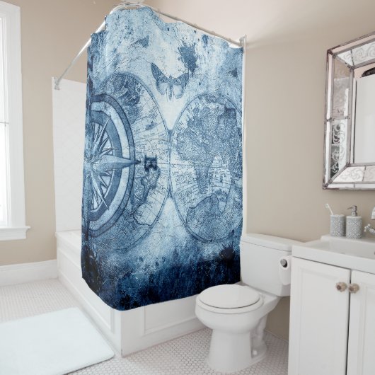 ヴィンテージコンパス |青グランジ海航海の図 シャワーカーテン (インサイチュ)