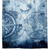 ヴィンテージコンパス |青グランジ海航海の図 シャワーカーテン (正面)