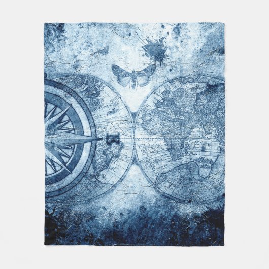 ヴィンテージコンパス |青グランジ海航海の図 フリースブランケット (正面)