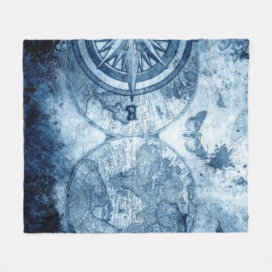 ヴィンテージコンパス |青グランジ海航海の図 フリースブランケット (正面(横))