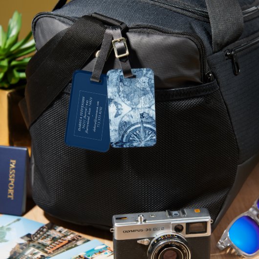 ヴィンテージコンパス |青グランジ海航海の図 ラゲッジタグ (正面&裏面)