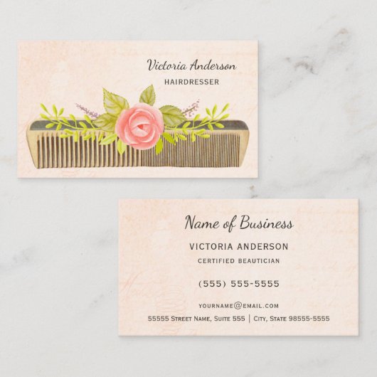 ヴィンテージコーエレガントムとバラを備えた整髪器 名刺 (正面/裏面)