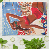 ヴィンテージコートダジュールビーチガール キッチンタオル (折り畳み)