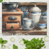 ヴィンテージコーヒーカップポットプレートブルー キッチンタオル (折り畳み)