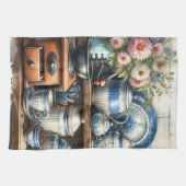 ヴィンテージコーヒーカップポットプレートブルー キッチンタオル (横)