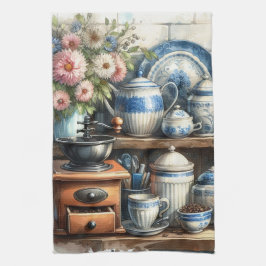 ヴィンテージコーヒーカップポットプレートブルー キッチンタオル
